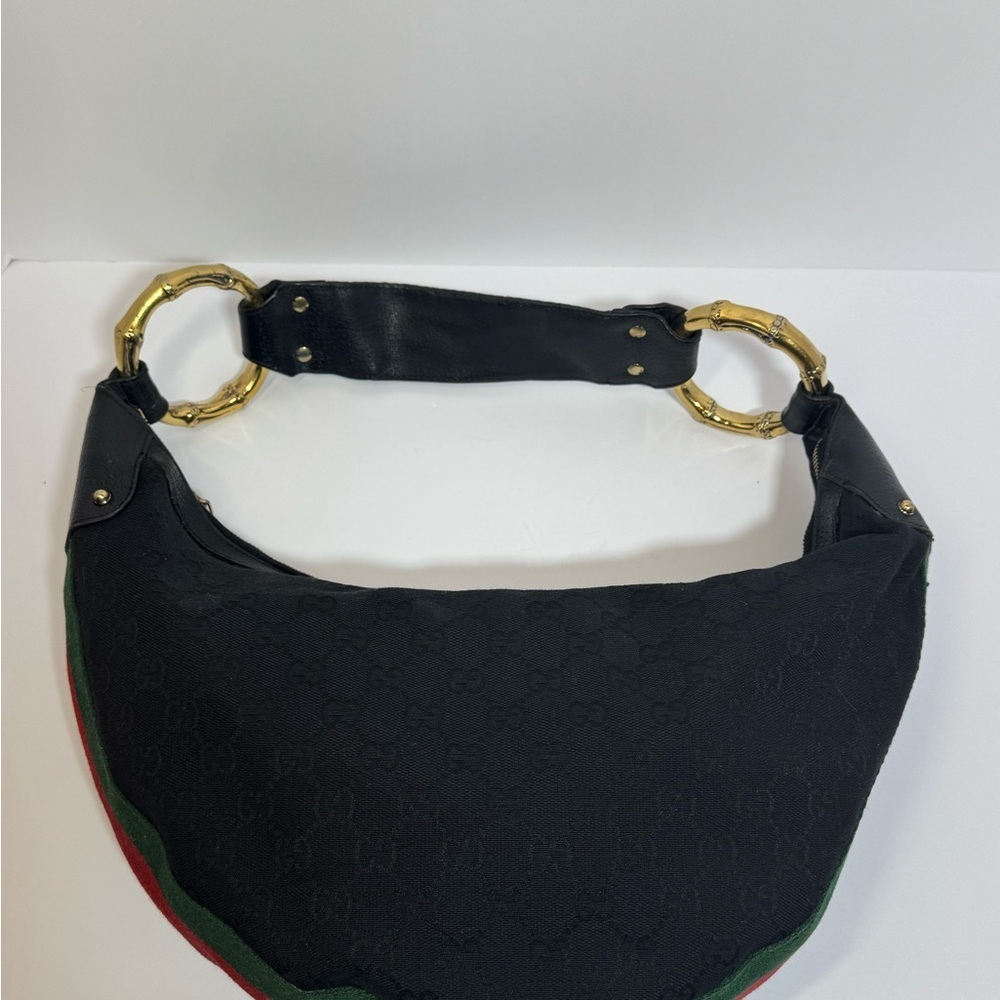 AUTHENTIC Gucci Black Crescent Bag w/Green & Red Stripe & Gold Bamboo Rings - Picture 4 of 11